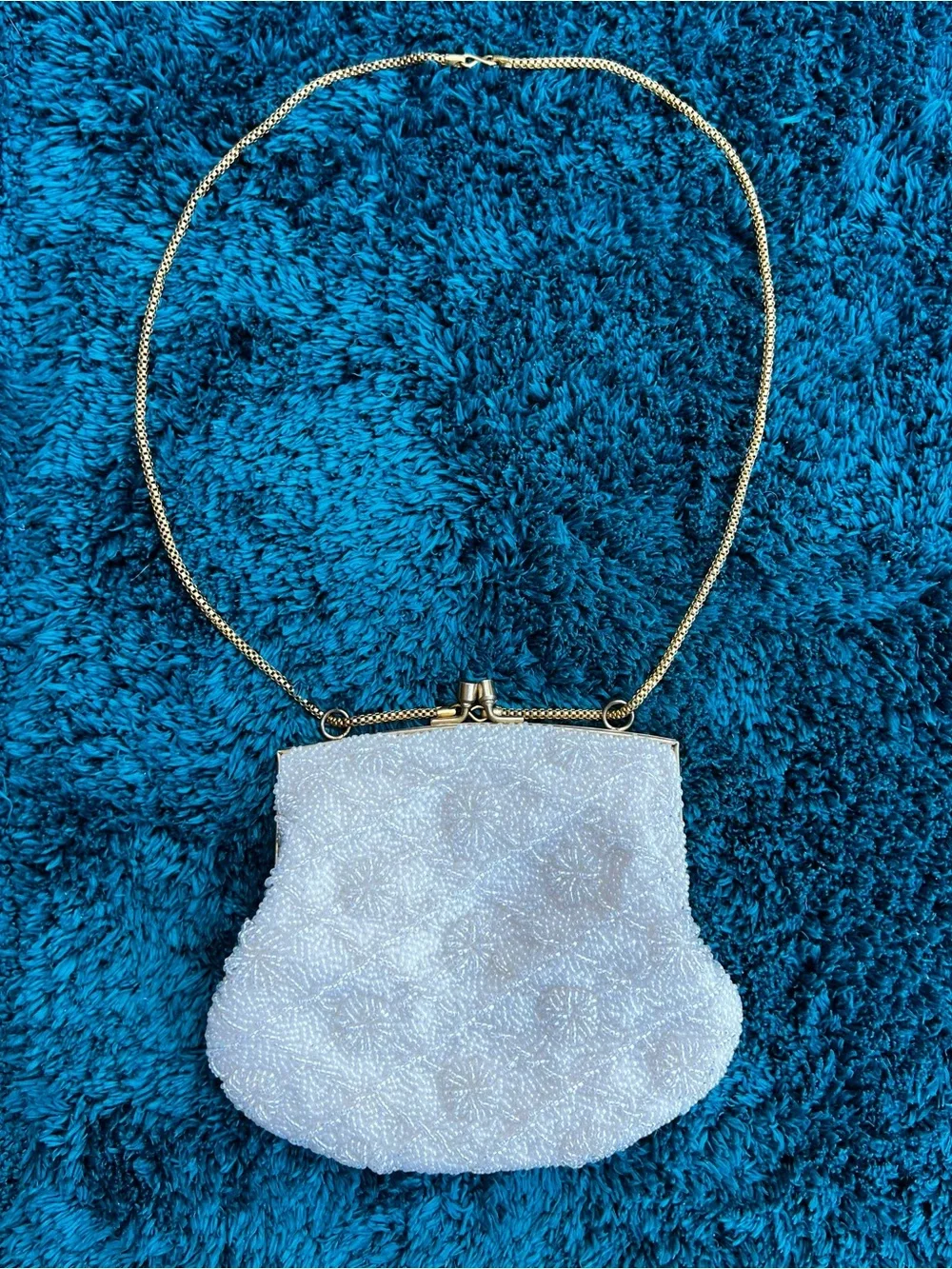 Vintage Ivory Beaded Clutch Purse Gold Chain Made in Hong Kong Hand Made